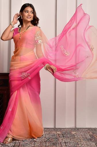 Pink & peach shaded hand embellished chiffon saree