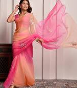 Pink & peach shaded hand embellished chiffon saree