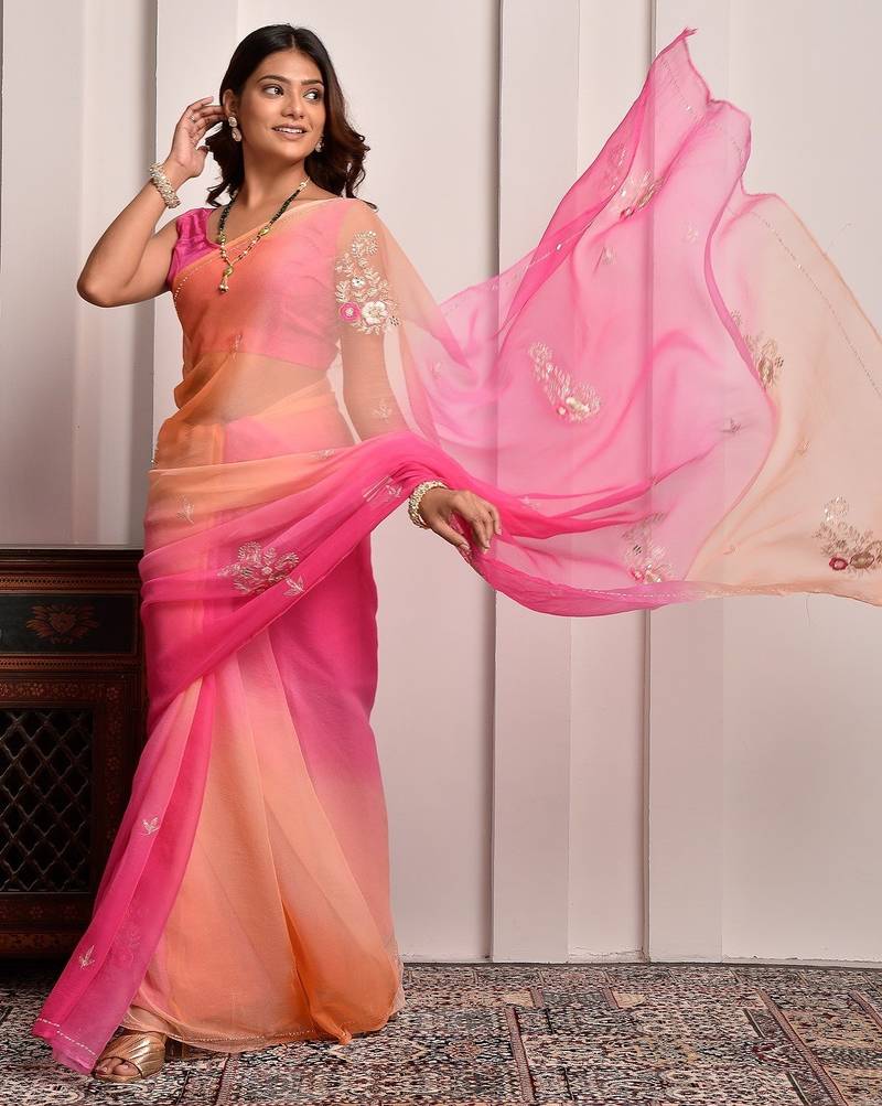 Pink & peach shaded hand embellished chiffon saree