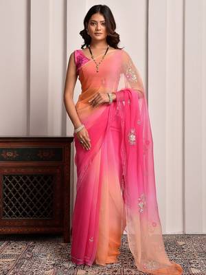 Pink & peach shaded hand embellished chiffon saree 2