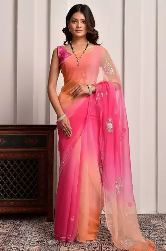 Pink & peach shaded hand embellished chiffon saree