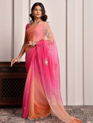 Pink & peach shaded hand embellished chiffon saree 3