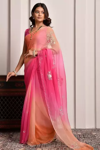 Pink & peach shaded hand embellished chiffon saree