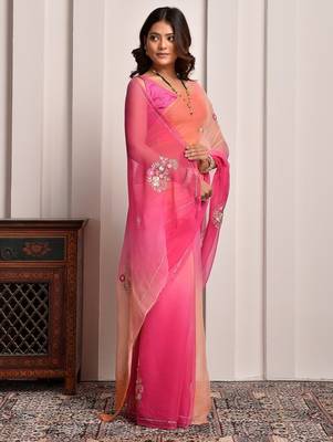 Pink & peach shaded hand embellished chiffon saree 4