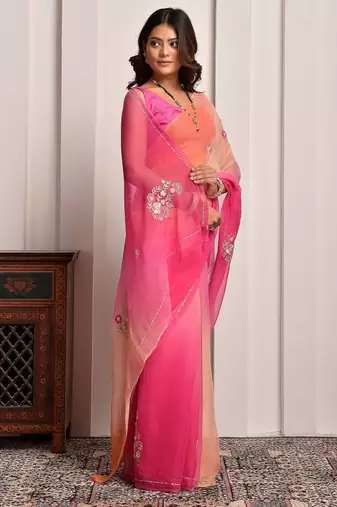Pink & peach shaded hand embellished chiffon saree