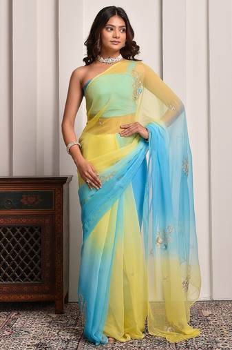 Yellow & blue shaded hand embellished chiffon saree