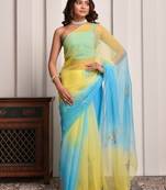 Yellow & blue shaded hand embellished chiffon saree