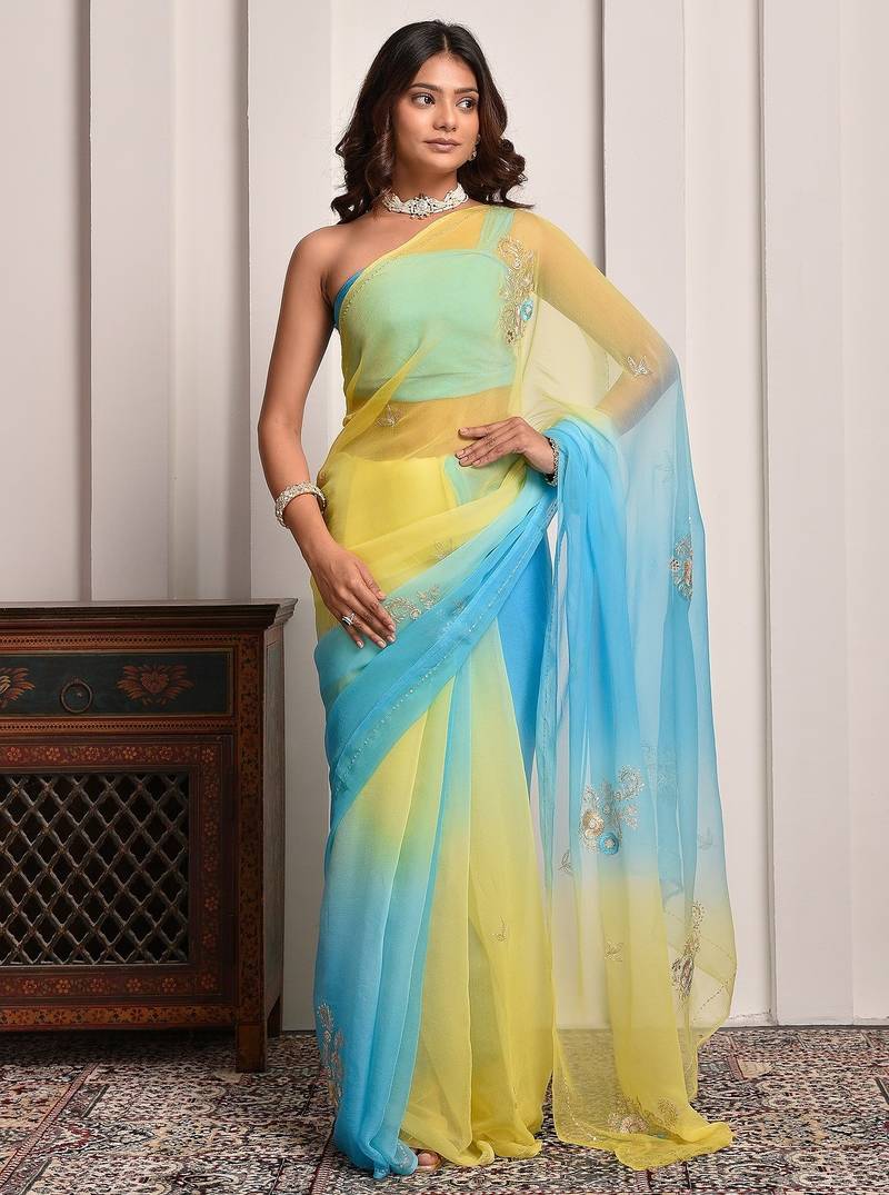 Yellow & blue shaded hand embellished chiffon saree