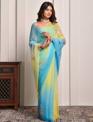 Yellow & blue shaded hand embellished chiffon saree 2