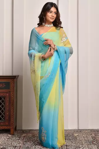 Yellow & blue shaded hand embellished chiffon saree