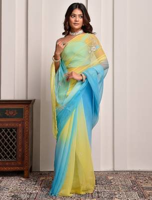 Yellow & blue shaded hand embellished chiffon saree 3