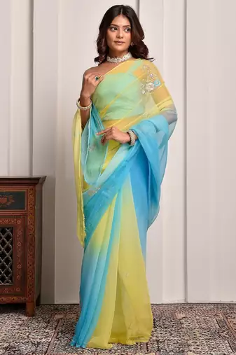 Yellow & blue shaded hand embellished chiffon saree