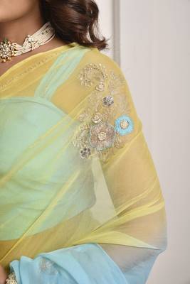Yellow & blue shaded hand embellished chiffon saree 4
