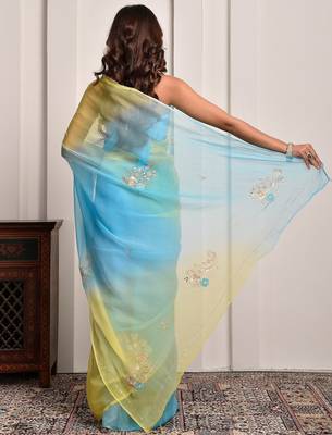 Yellow & blue shaded hand embellished chiffon saree 5