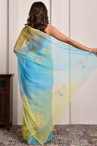 Yellow & blue shaded hand embellished chiffon saree