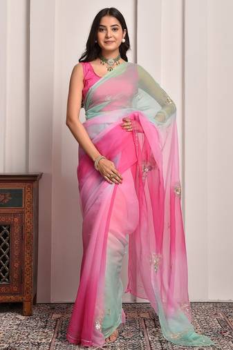 Pink & green shaded hand embellished chiffon saree