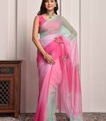 Pink & green shaded hand embellished chiffon saree