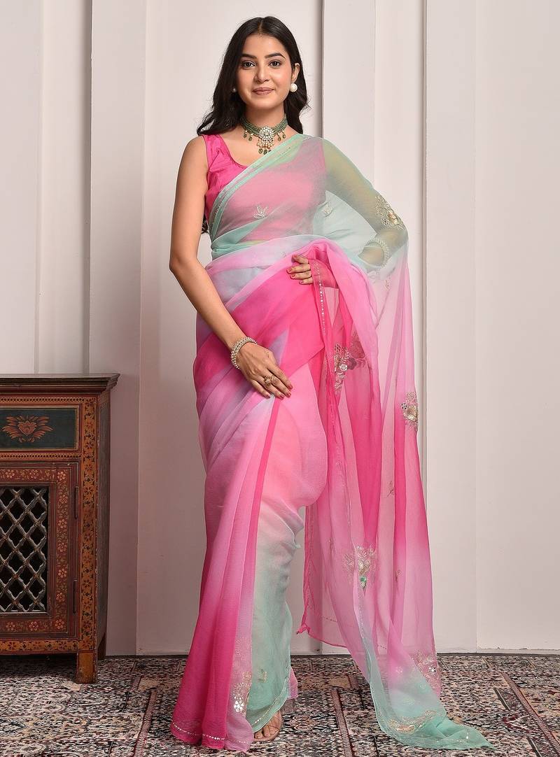 Pink & green shaded hand embellished chiffon saree