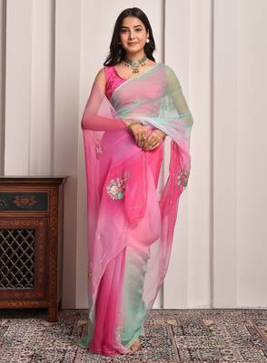 Pink & green shaded hand embellished chiffon saree 2