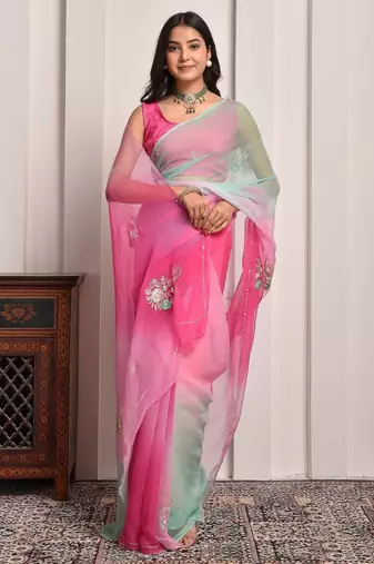 Pink & green shaded hand embellished chiffon saree