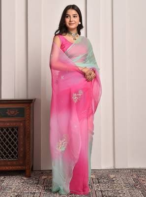 Pink & green shaded hand embellished chiffon saree 3