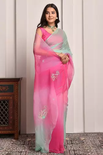 Pink & green shaded hand embellished chiffon saree