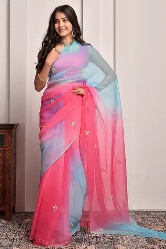 Red & blue shaded hand embellished chiffon saree