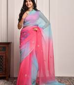 Red & blue shaded hand embellished chiffon saree