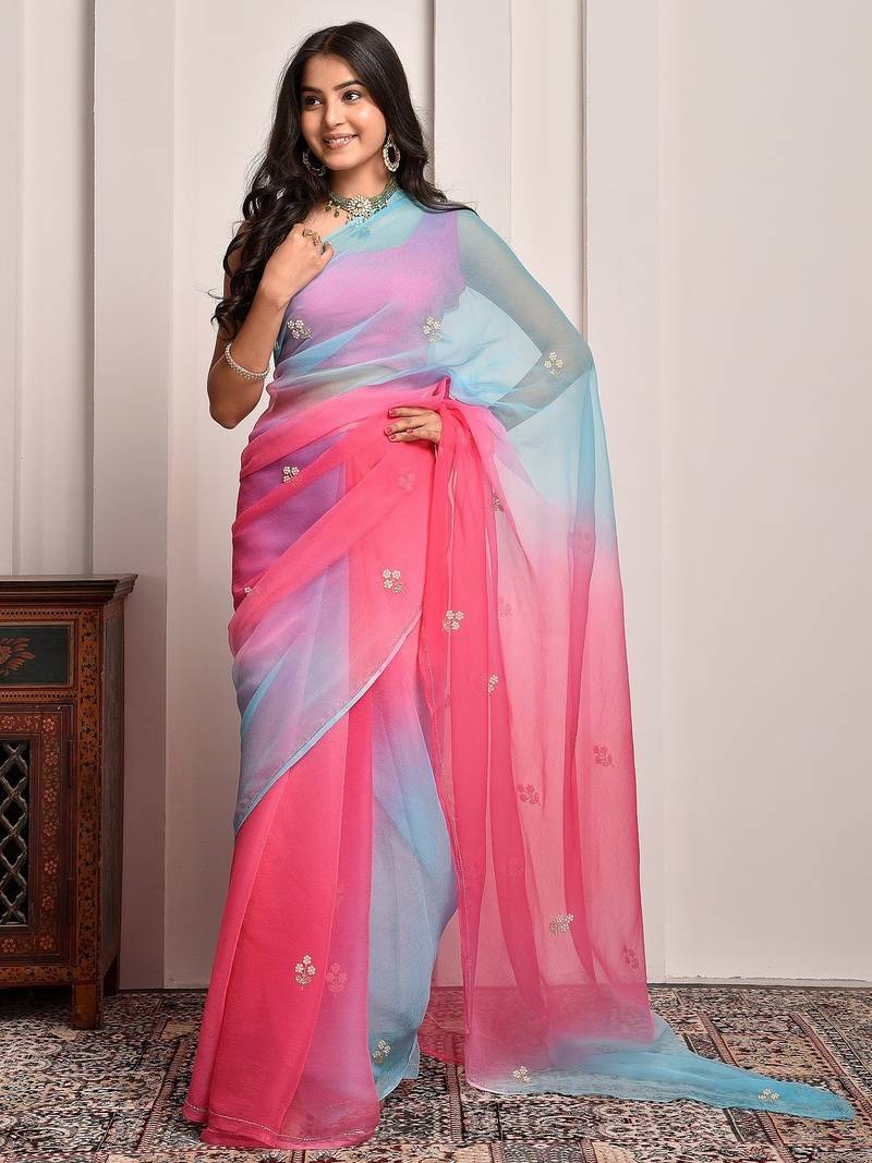 Red & blue shaded hand embellished chiffon saree