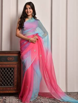Red & blue shaded hand embellished chiffon saree 2