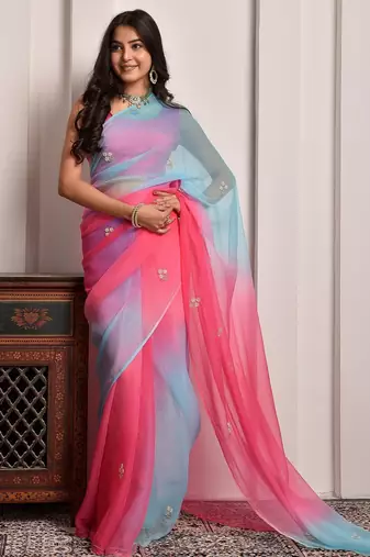 Red & blue shaded hand embellished chiffon saree