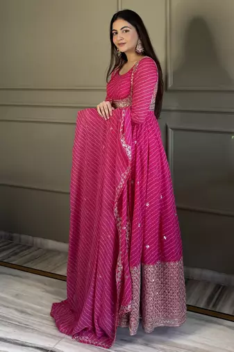 Pink georgette party wear embroidery suit set