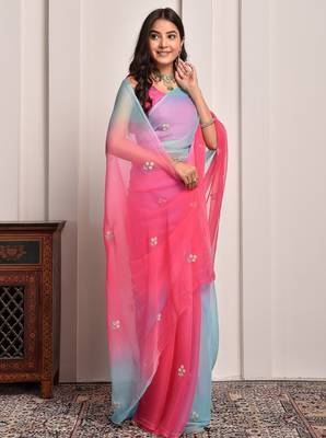 Red & blue shaded hand embellished chiffon saree 3