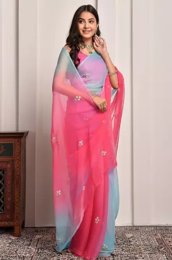 Red & blue shaded hand embellished chiffon saree