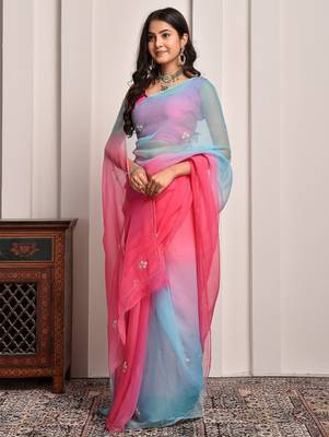 Red & blue shaded hand embellished chiffon saree 4