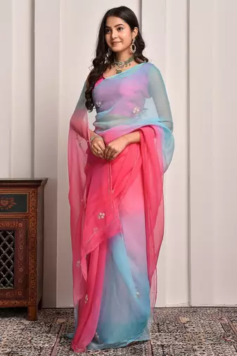 Red & blue shaded hand embellished chiffon saree
