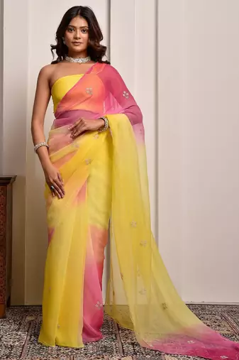 Yellow & pink shaded hand embellished chiffon saree
