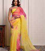Yellow & pink shaded hand embellished chiffon saree