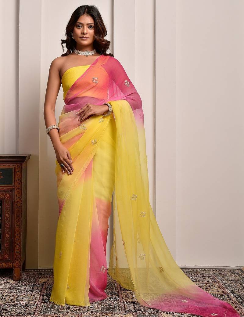 Yellow & pink shaded hand embellished chiffon saree