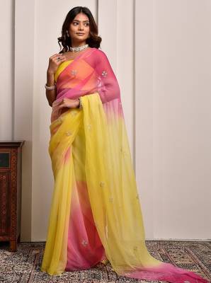Yellow & pink shaded hand embellished chiffon saree 2