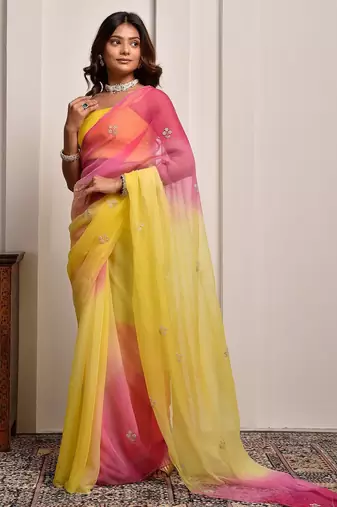 Yellow & pink shaded hand embellished chiffon saree