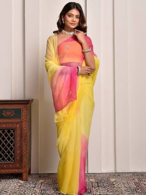 Yellow & pink shaded hand embellished chiffon saree 3