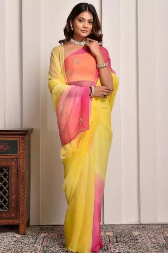 Yellow & pink shaded hand embellished chiffon saree