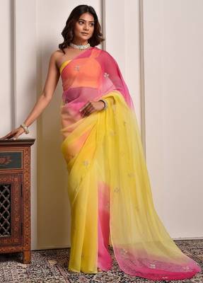 Yellow & pink shaded hand embellished chiffon saree 4