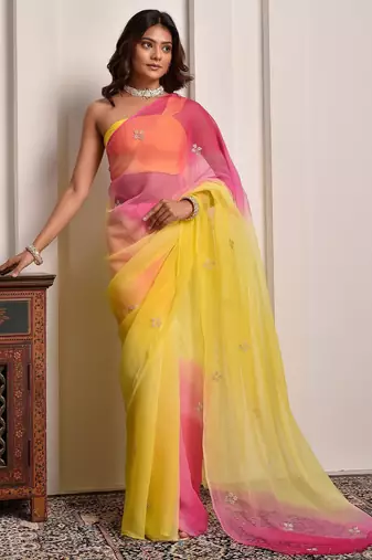Yellow & pink shaded hand embellished chiffon saree