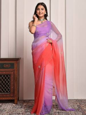 Purple & red shaded hand embellished chiffon saree 1