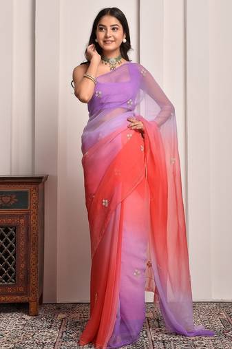 Purple & red shaded hand embellished chiffon saree