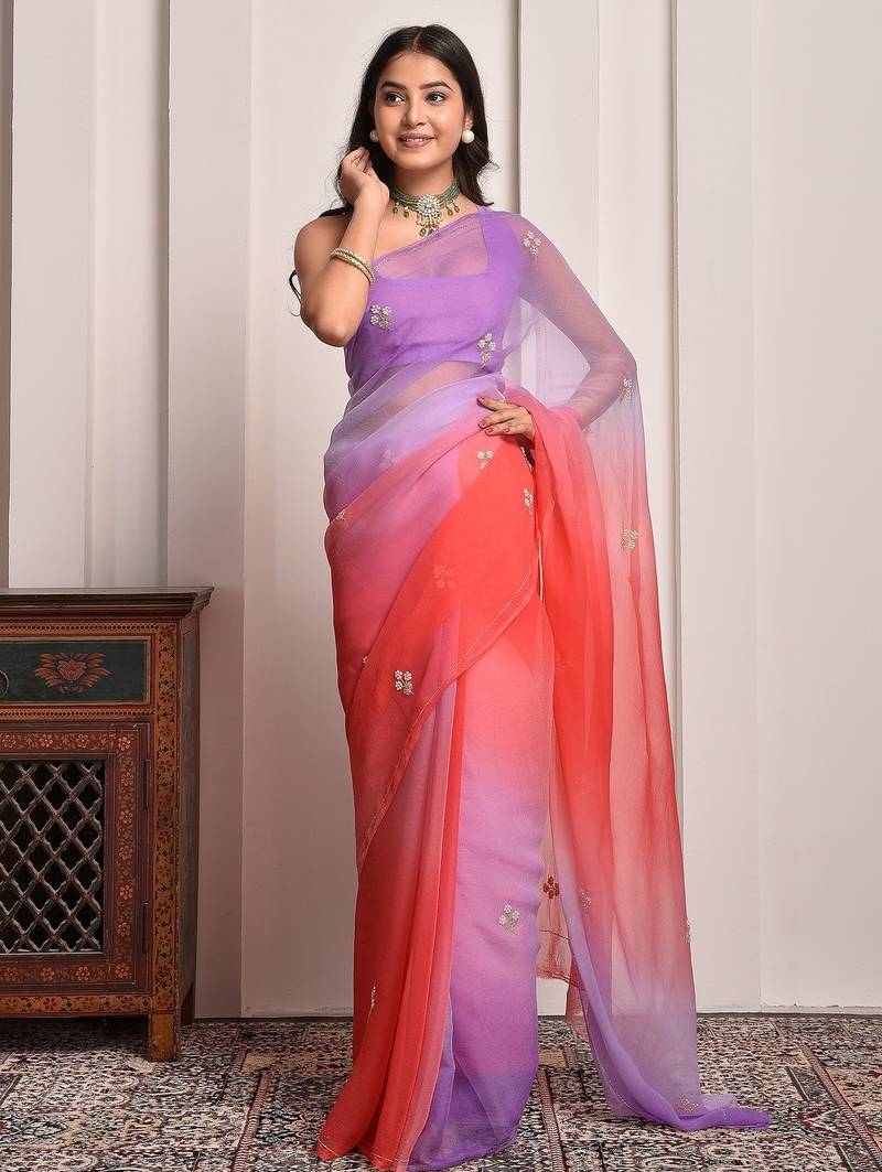 Purple & red shaded hand embellished chiffon saree
