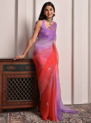 Purple & red shaded hand embellished chiffon saree 2