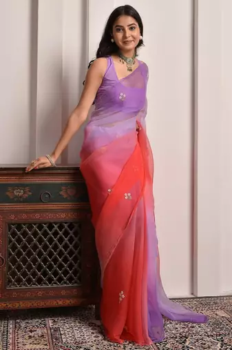 Purple & red shaded hand embellished chiffon saree